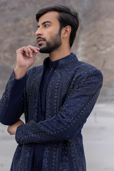 Amit Arora Navy Polyester, Knit Embroidery Hand Opean Jacket With Kurta Set Online at Aza Fashions Amit Arora_Navy Polyester, Knit Embroidery Hand Opean Jacket With Kurta Set _Online_at_Aza_Fashions