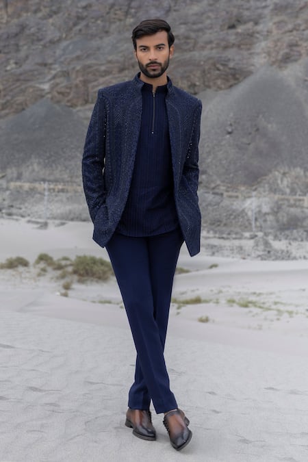 Amit Arora Navy Polyester, Knit Embroidery Hand Opean Jacket With Kurta Set 