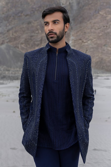 Shop Amit Arora Navy Polyester, Knit Embroidery Hand Opean Jacket With Kurta Set Online at Aza Fashions Shop_Amit Arora_Navy Polyester, Knit Embroidery Hand Opean Jacket With Kurta Set _Online_at_Aza_Fashions