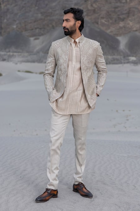 Buy_Amit Arora_Beige Polyester, Silk Sequins, Embroidery Monotone Hand Jacket Set _Online_at_Aza_Fashions