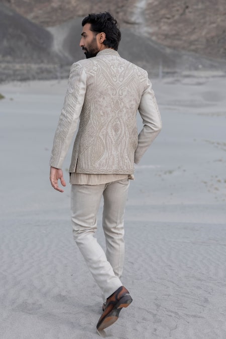 Shop_Amit Arora_Beige Polyester, Silk Sequins, Embroidery Monotone Hand Jacket Set _Online_at_Aza_Fashions