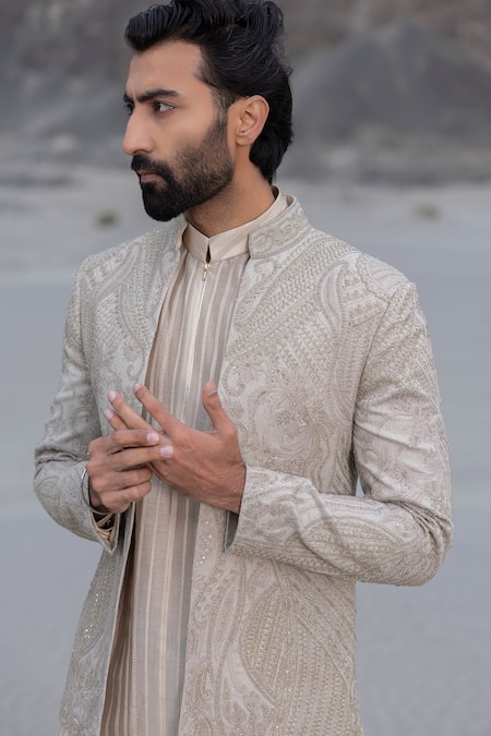 Amit Arora_Beige Polyester, Silk Sequins, Embroidery Monotone Hand Jacket Set _at_Aza_Fashions