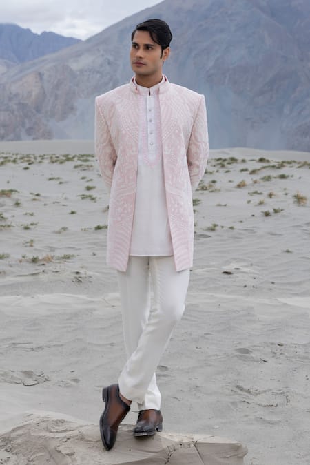 Shop Amit Arora Pink Polyester, Knit, Silk Embroidery Hand Jacket Kurta Set Online at Aza Fashions Shop_Amit Arora_Pink Polyester, Knit, Silk Embroidery Hand Jacket Kurta Set _Online_at_Aza_Fashions