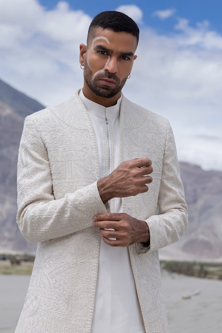 Shop Amit Arora Beige Polyester, Linen, Modal, Twill Embroidery Hand Jacket Kurta Set Online at Aza Fashions Shop_Amit Arora_Beige Polyester, Linen, Modal, Twill Embroidery Hand Jacket Kurta Set _Online_at_Aza_Fashions