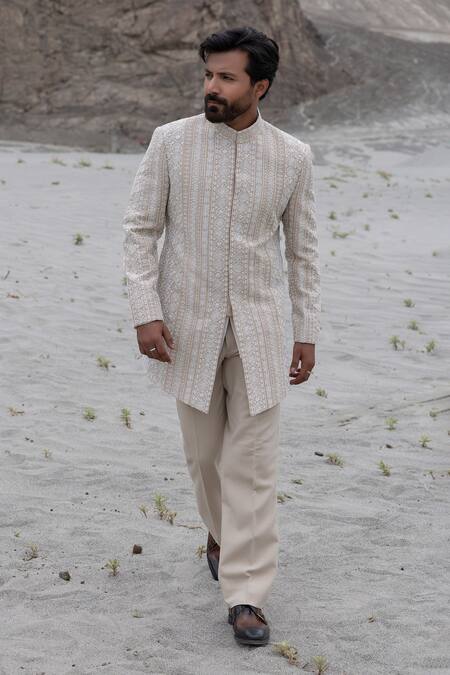 Shop Amit Arora Beige Silk, Tissue, Polyester, Knit Embroidery Hand Sherwani Jacket With Pant Online at Aza Fashions Shop_Amit Arora_Beige Silk, Tissue, Polyester, Knit Embroidery Hand Sherwani Jacket With Pant _Online_at_Aza_Fashions