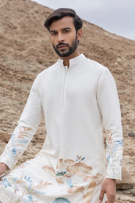 Shop Amit Arora Off White Polyester Embroidery Kurta With Pant Online at Aza Fashions Shop_Amit Arora_Off White Polyester Embroidery Kurta With Pant _Online_at_Aza_Fashions