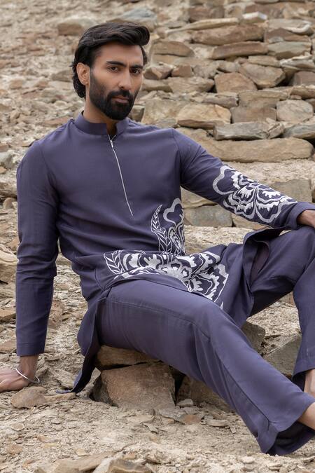 Buy Amit Arora Blue Polyester, Silk Embroidery Floral Motif Detailed Kurta With Pant Online at Aza Fashions Buy_Amit Arora_Blue Polyester, Silk Embroidery Floral Motif Detailed Kurta With Pant _Online_at_Aza_Fashions