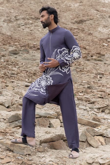 Amit Arora Blue Polyester, Silk Embroidery Floral Motif Detailed Kurta With Pant 
