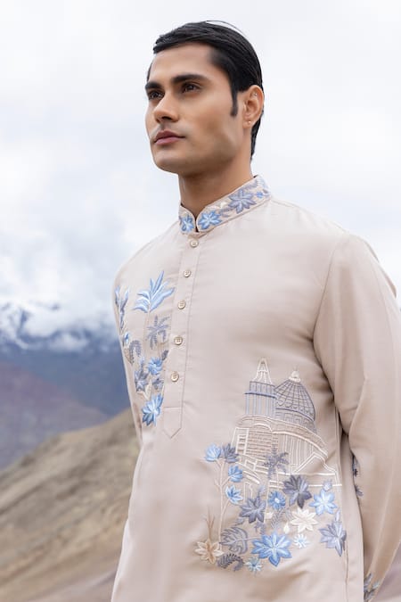 Amit Arora Beige Polyester, Silk Embroidery Abstract Motif Detailed Kurta With Pant Online at Aza Fashions Amit Arora_Beige Polyester, Silk Embroidery Abstract Motif Detailed Kurta With Pant _Online_at_Aza_Fashions