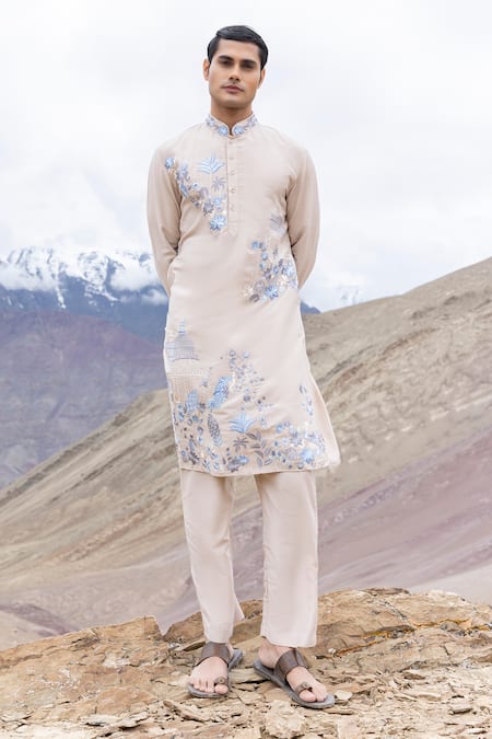 Amit Arora Beige Polyester, Silk Embroidery Abstract Motif Detailed Kurta With Pant 