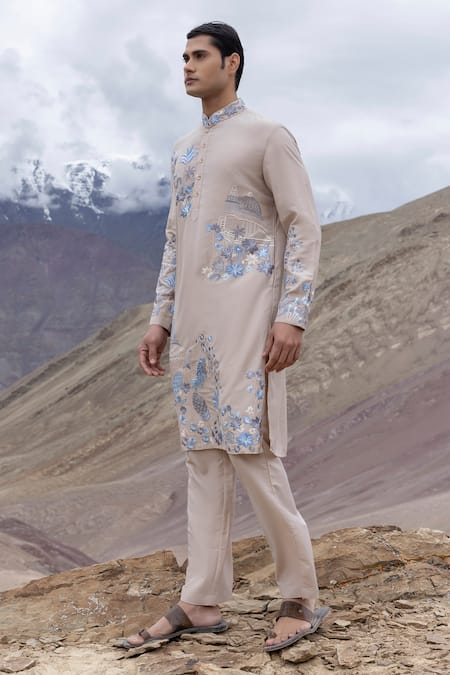 Shop Amit Arora Beige Polyester, Silk Embroidery Abstract Motif Detailed Kurta With Pant Online at Aza Fashions Shop_Amit Arora_Beige Polyester, Silk Embroidery Abstract Motif Detailed Kurta With Pant _Online_at_Aza_Fashions
