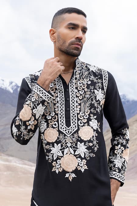 Amit Arora Black Linen, Bamboo, Silk Embroidery Floral Motif Kurta With Pant Online at Aza Fashions Amit Arora_Black Linen, Bamboo, Silk Embroidery Floral Motif Kurta With Pant _Online_at_Aza_Fashions