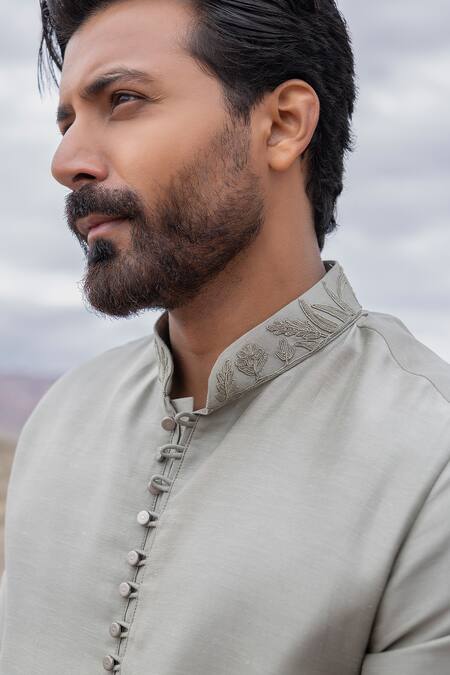 Shop Amit Arora Green Linen, Bamboo, Silk Embroidery Dori Kurta With Pant Online at Aza Fashions Shop_Amit Arora_Green Linen, Bamboo, Silk Embroidery Dori Kurta With Pant _Online_at_Aza_Fashions