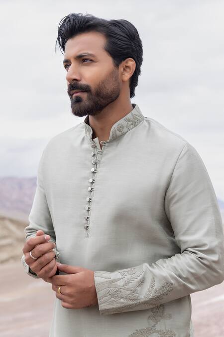 Amit Arora Green Linen, Bamboo, Silk Embroidery Dori Kurta With Pant at Aza Fashions Amit Arora_Green Linen, Bamboo, Silk Embroidery Dori Kurta With Pant _at_Aza_Fashions