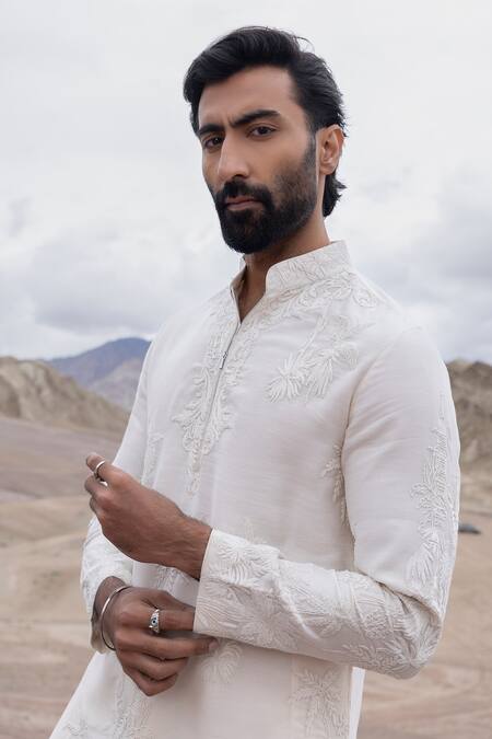 Buy Amit Arora Off White Linen, Bamboo, Silk Embroidery Dori Kurta With Pant Online at Aza Fashions Buy_Amit Arora_Off White Linen, Bamboo, Silk Embroidery Dori Kurta With Pant _Online_at_Aza_Fashions
