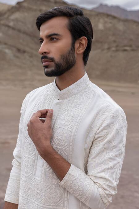 Shop Amit Arora Off White Linen, Bamboo, Silk Embroidery Dori Kurta With Pant Online at Aza Fashions Shop_Amit Arora_Off White Linen, Bamboo, Silk Embroidery Dori Kurta With Pant _Online_at_Aza_Fashions