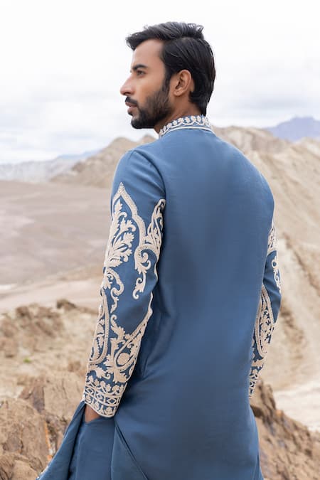 Amit Arora Blue Bamboo, Linen, Silk Embroidery Dori Kurta With Pant Online at Aza Fashions Amit Arora_Blue Bamboo, Linen, Silk Embroidery Dori Kurta With Pant _Online_at_Aza_Fashions