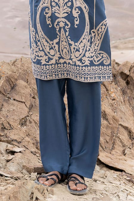Buy Amit Arora Blue Bamboo, Linen, Silk Embroidery Dori Kurta With Pant Online at Aza Fashions Buy_Amit Arora_Blue Bamboo, Linen, Silk Embroidery Dori Kurta With Pant _Online_at_Aza_Fashions