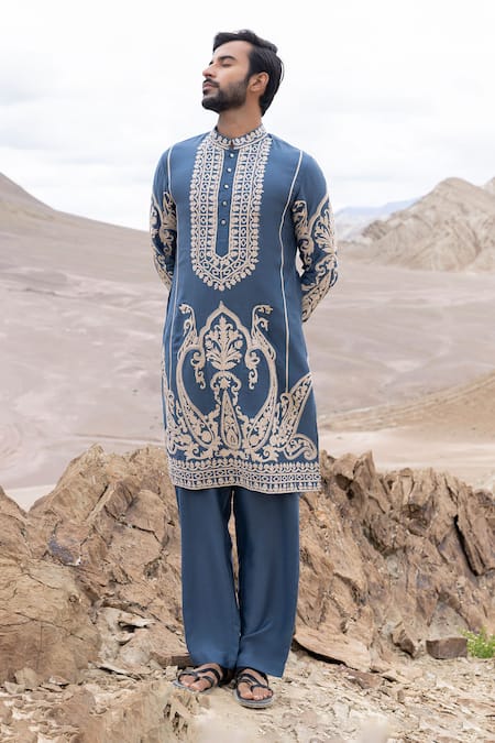 Amit Arora Blue Bamboo, Linen, Silk Embroidery Dori Kurta With Pant 