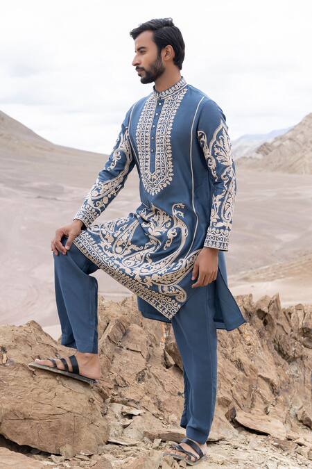 Shop Amit Arora Blue Bamboo, Linen, Silk Embroidery Dori Kurta With Pant Online at Aza Fashions Shop_Amit Arora_Blue Bamboo, Linen, Silk Embroidery Dori Kurta With Pant _Online_at_Aza_Fashions