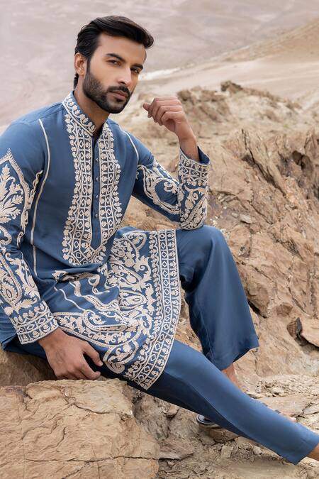 Amit Arora Blue Bamboo, Linen, Silk Embroidery Dori Kurta With Pant at Aza Fashions Amit Arora_Blue Bamboo, Linen, Silk Embroidery Dori Kurta With Pant _at_Aza_Fashions