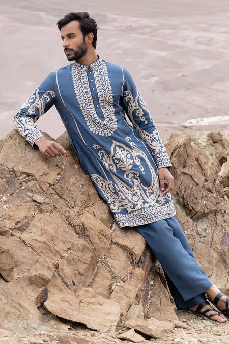 Buy Amit Arora Blue Bamboo, Linen, Silk Embroidery Dori Kurta With Pant Buy_Amit Arora_Blue Bamboo, Linen, Silk Embroidery Dori Kurta With Pant