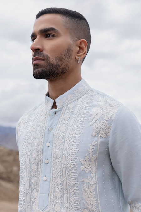 Amit Arora_Sky Blue Linen, Bamboo, Silk Embroidery Dori Kurta With Pant _Online_at_Aza_Fashions