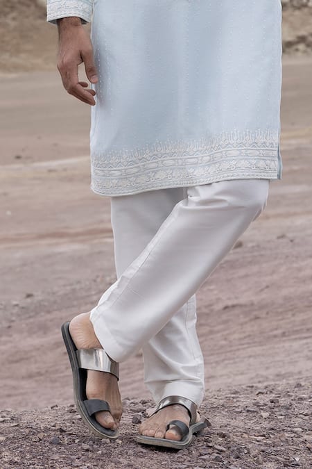 Buy_Amit Arora_Sky Blue Linen, Bamboo, Silk Embroidery Dori Kurta With Pant _Online_at_Aza_Fashions