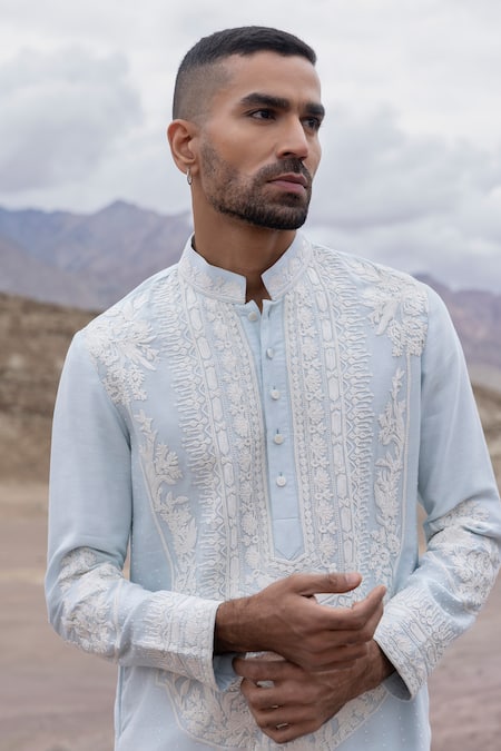 Shop_Amit Arora_Sky Blue Linen, Bamboo, Silk Embroidery Dori Kurta With Pant _Online_at_Aza_Fashions