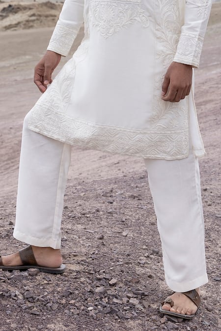 Buy Amit Arora Off White Linen, Bamboo, Silk Embroidery Dori Kurta With Pant Online at Aza Fashions Buy_Amit Arora_Off White Linen, Bamboo, Silk Embroidery Dori Kurta With Pant _Online_at_Aza_Fashions