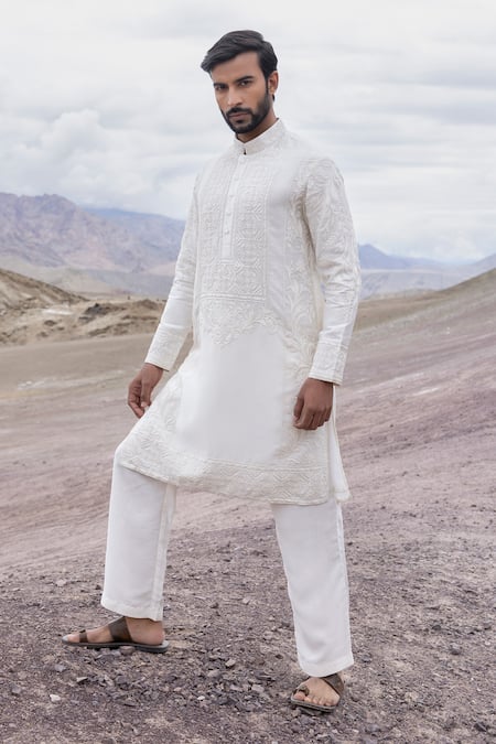 Amit Arora Off White Linen, Bamboo, Silk Embroidery Dori Kurta With Pant 