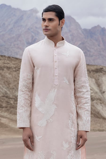 Buy Amit Arora Peach Linen, Bamboo, Silk Embroidery Dori Straight Kurta With Pant Online at Aza Fashions Buy_Amit Arora_Peach Linen, Bamboo, Silk Embroidery Dori Straight Kurta With Pant _Online_at_Aza_Fashions