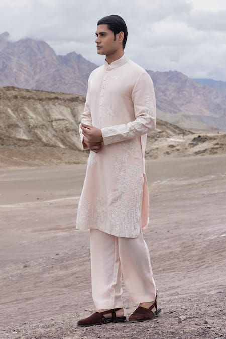 Shop Amit Arora Peach Linen, Bamboo, Silk Embroidery Dori Straight Kurta With Pant Online at Aza Fashions Shop_Amit Arora_Peach Linen, Bamboo, Silk Embroidery Dori Straight Kurta With Pant _Online_at_Aza_Fashions