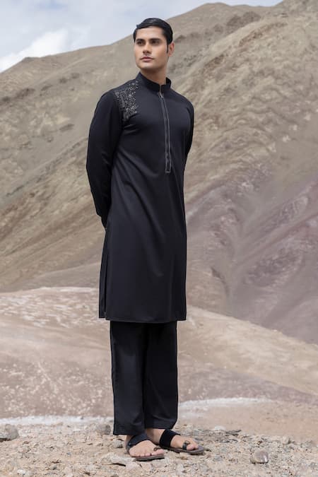 Buy Amit Arora Black Knit Embroidery Embellished Straight Kurta With Pant Online at Aza Fashions Buy_Amit Arora_Black Knit Embroidery Embellished Straight Kurta With Pant _Online_at_Aza_Fashions