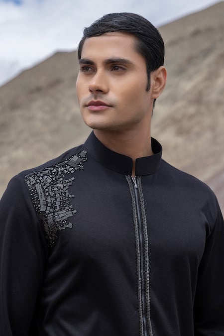 Amit Arora Black Knit Embroidery Embellished Straight Kurta With Pant at Aza Fashions Amit Arora_Black Knit Embroidery Embellished Straight Kurta With Pant _at_Aza_Fashions