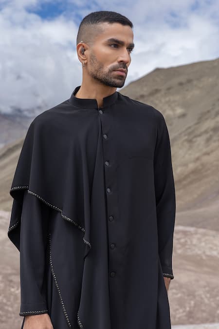 Buy_Amit Arora_Black Knit Asymmetrical Kurta With Pant _Online_at_Aza_Fashions