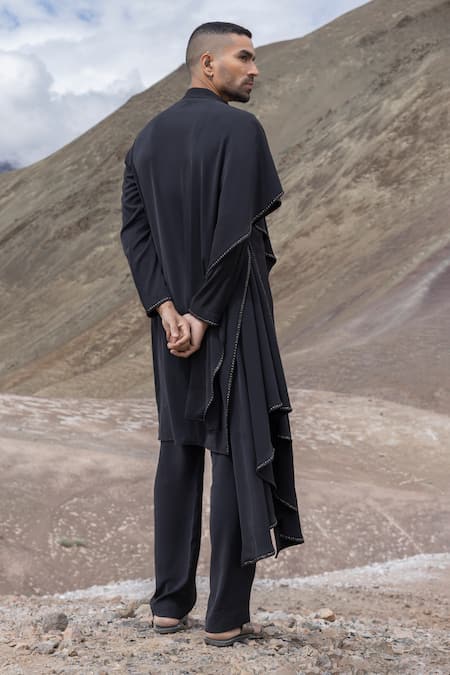 Amit Arora_Black Knit Asymmetrical Kurta With Pant _at_Aza_Fashions