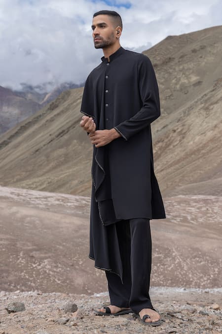 Buy_Amit Arora_Black Knit Asymmetrical Kurta With Pant 