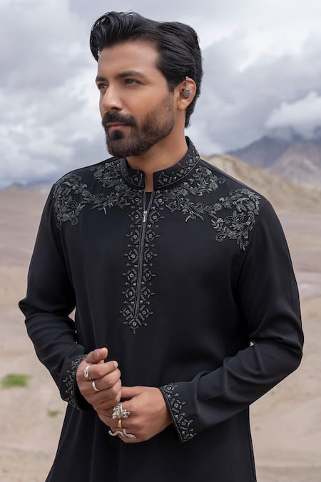 Shop_Amit Arora_Black Knit Embroidery Embellished Straight Kurta And Pant Set _Online_at_Aza_Fashions