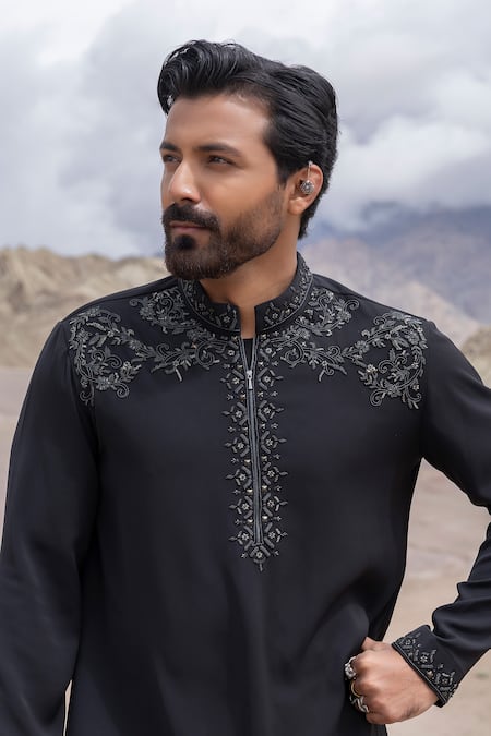 Amit Arora_Black Knit Embroidery Embellished Straight Kurta And Pant Set _at_Aza_Fashions