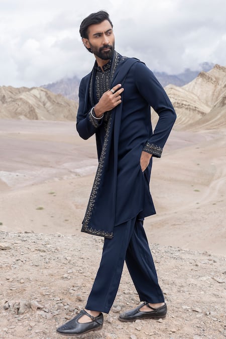 Shop_Amit Arora_Navy Knit Embroidery Kurta Set With Stole _Online_at_Aza_Fashions