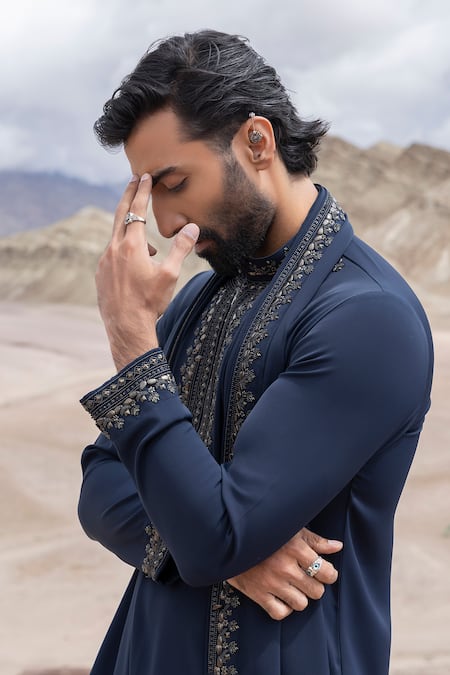Amit Arora_Navy Knit Embroidery Kurta Set With Stole _at_Aza_Fashions