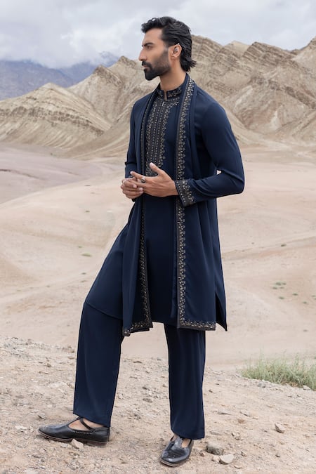 Buy_Amit Arora_Navy Knit Embroidery Kurta Set With Stole 
