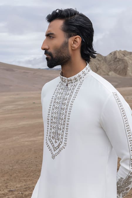 Buy_Amit Arora_White Knit Embroidery Placement Kurta With Pant _Online_at_Aza_Fashions