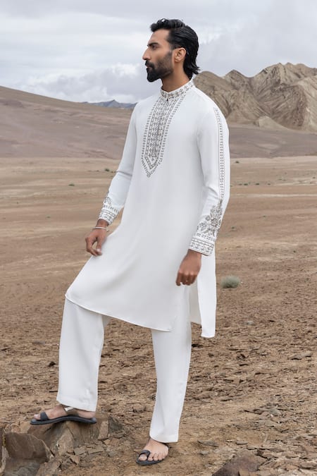 Shop_Amit Arora_White Knit Embroidery Placement Kurta With Pant _Online_at_Aza_Fashions