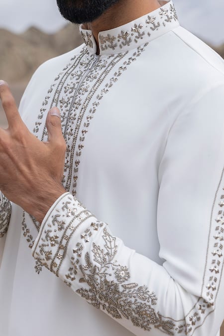 Amit Arora_White Knit Embroidery Placement Kurta With Pant _at_Aza_Fashions