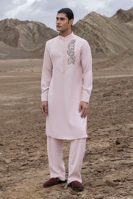 Amit Arora Pink Knit Embroidery Embellished Placket Kurta With Pant