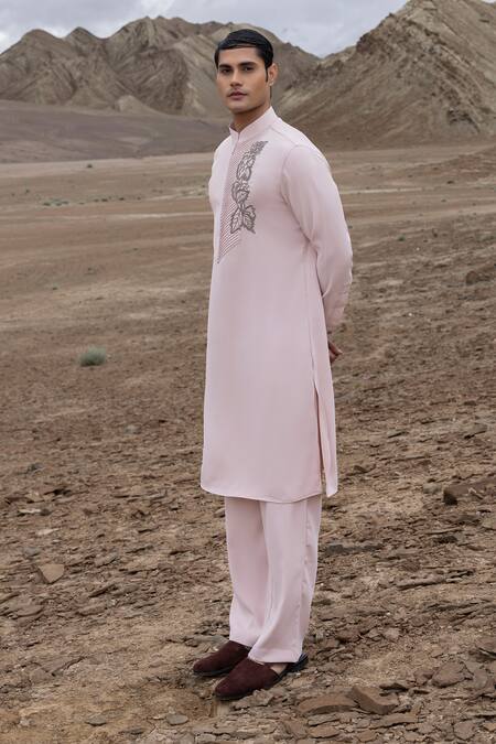 Shop_Amit Arora_Pink Knit Embroidery Embellished Placket Kurta With Pant _Online_at_Aza_Fashions