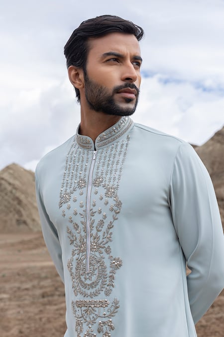 Buy_Amit Arora_Teal Knit Embroidery Embellished Straight Kurta And Pant Set _Online_at_Aza_Fashions