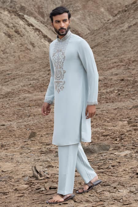 Shop_Amit Arora_Teal Knit Embroidery Embellished Straight Kurta And Pant Set _Online_at_Aza_Fashions